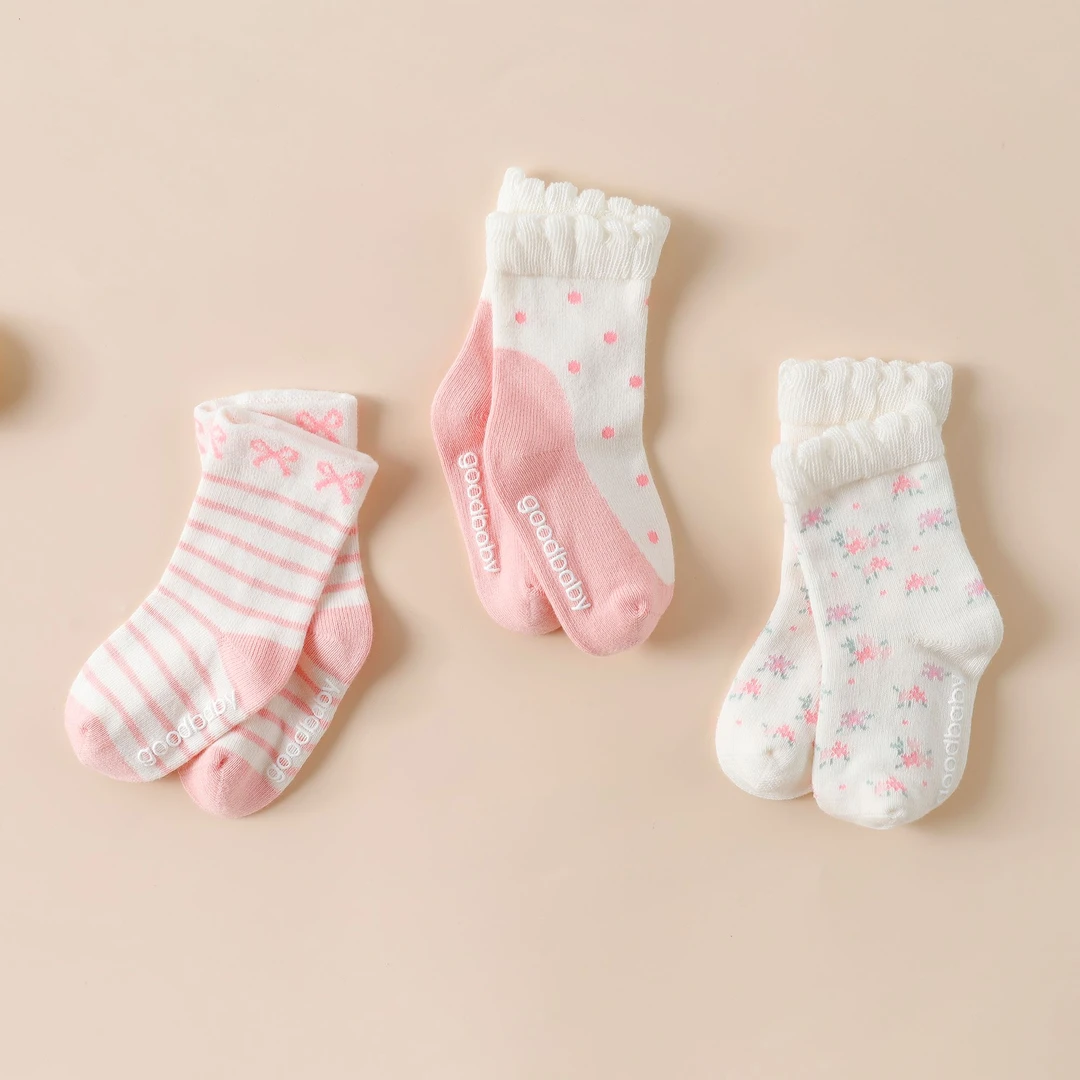 3双装婴儿袜子四季袜韩系百搭碎花松口棉女童中筒袜女宝宝卡通袜