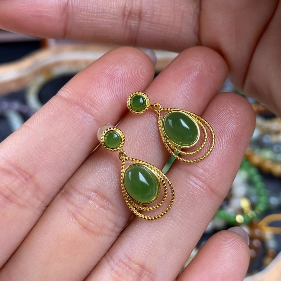 和田玉俄碧耳坠银S925镶嵌