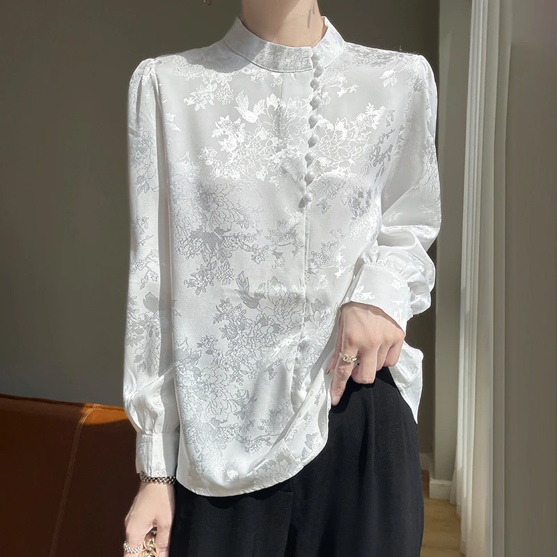 设计感丝滑缎面立领衬衫2025春夏新款半高领女士国风提花长袖上衣