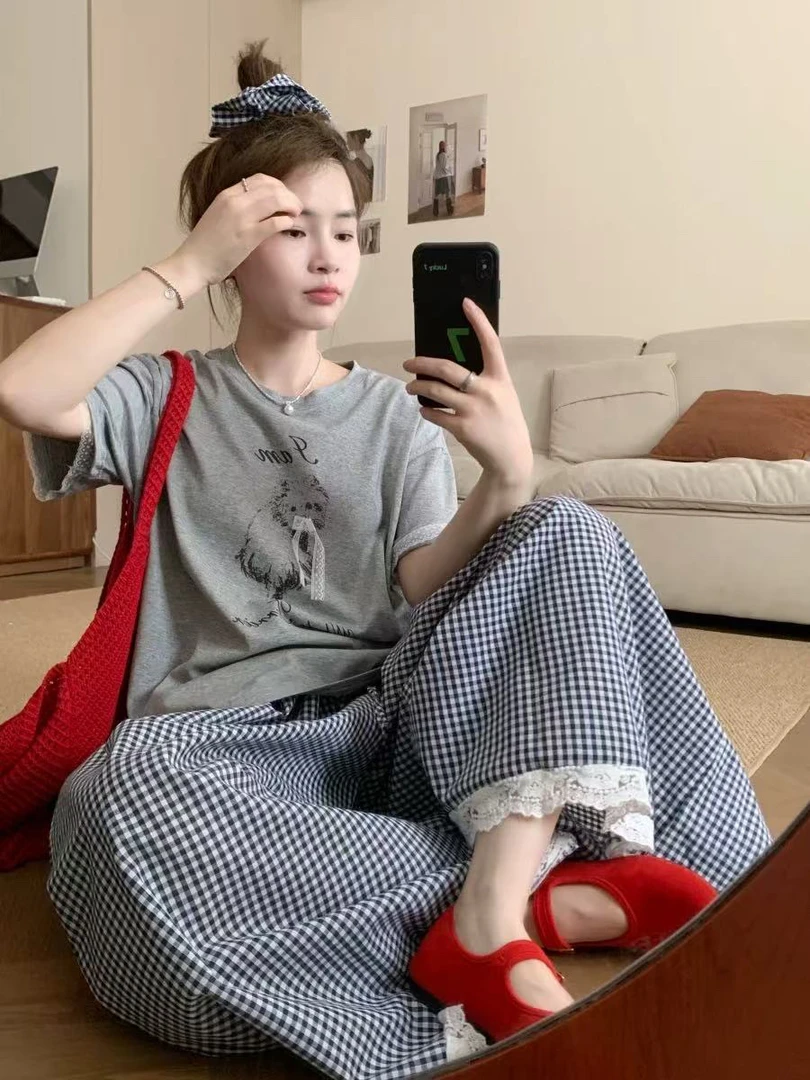 新疆包邮【9905】印花上衣格子裤三件套（配发圈）衣长58裤长82腰围66