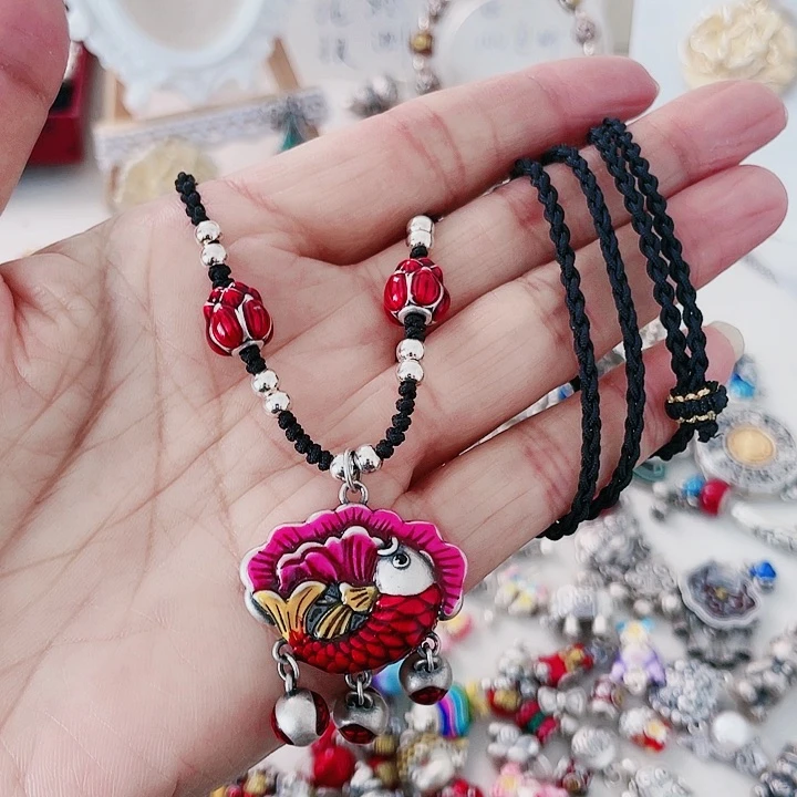 珐琅吊坠足银红鱼