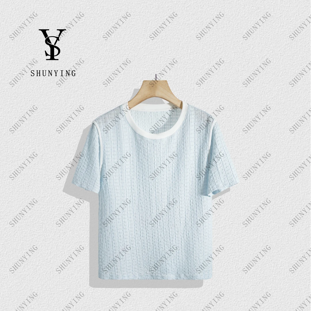 【顺瀛】柔软细腻~时尚微皱肌理感撞色正肩短袖T恤SY72T010