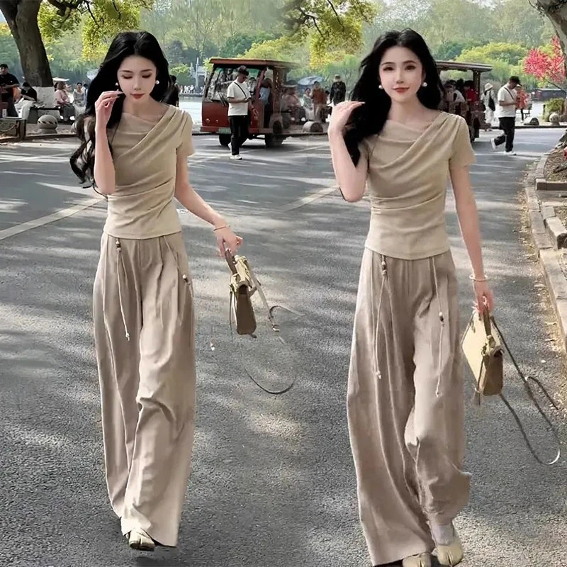 设计感别致时尚气质短袖t恤女夏季2025新款高腰显瘦阔腿休闲裤子