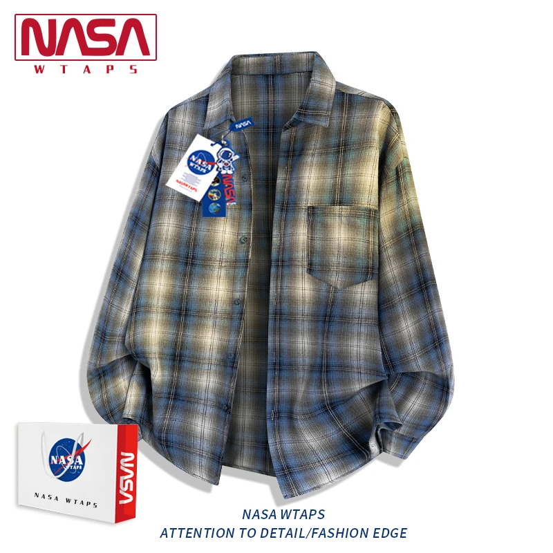 NASA WTAPS美式复古格子衬衫男款秋季宽松休闲百搭情侣长袖衬衣潮