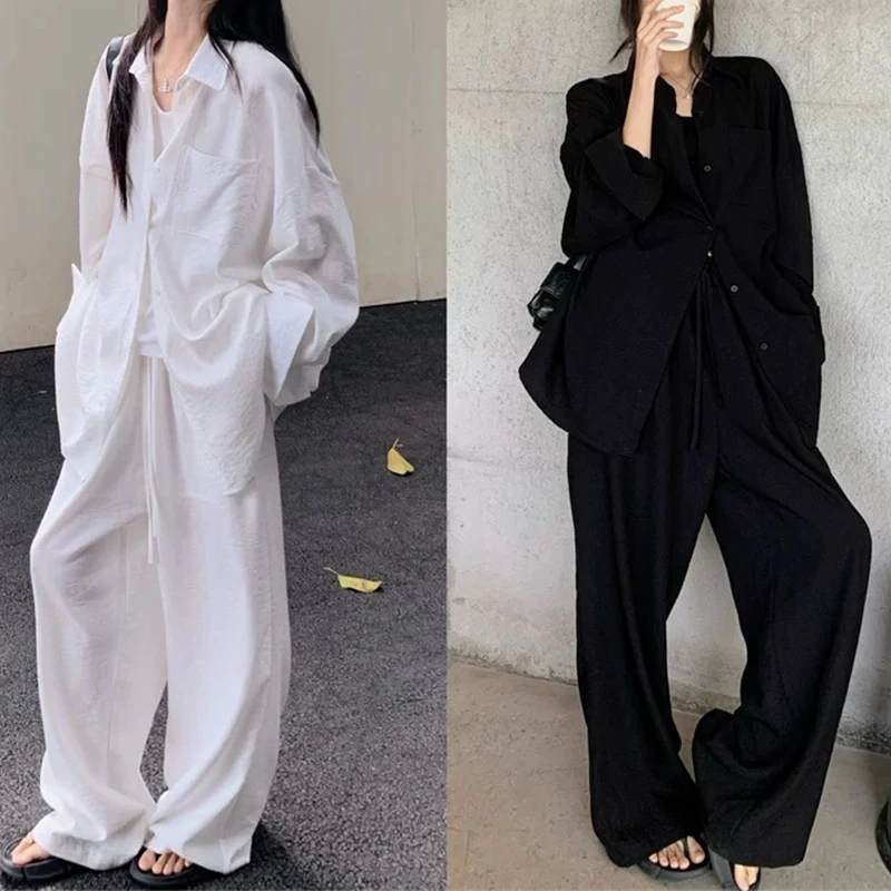 小众春夏松弛感慵懒风套装女老钱风时尚休闲衬衫高腰阔腿裤两件套