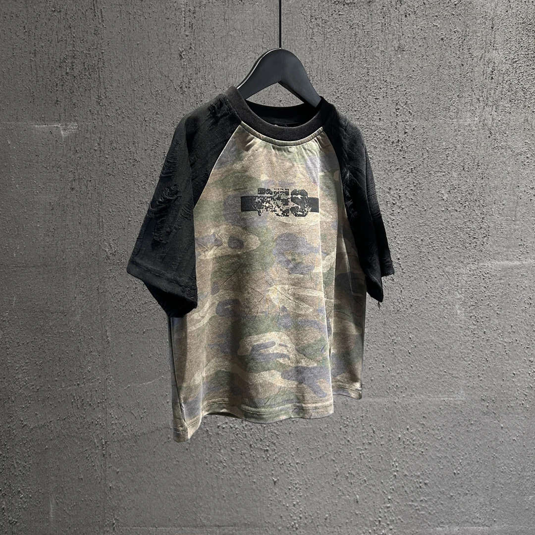 promising韩版儿童短袖迷彩镂空男童上衣新款迷彩破洞短袖2508