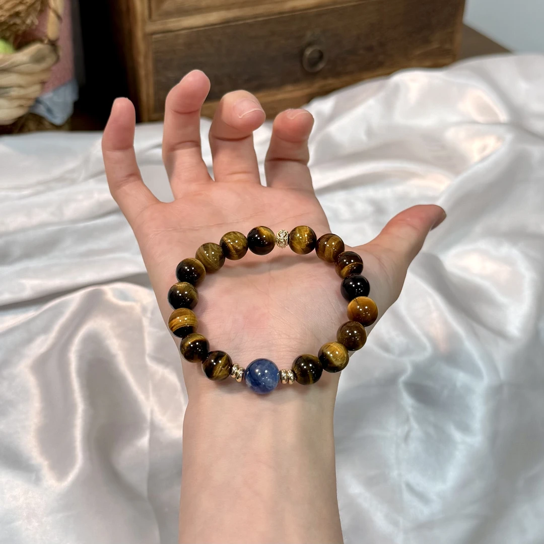 【山间泉】10mm虎眼石+11mm蓝晶石 手串原创设计天然水晶