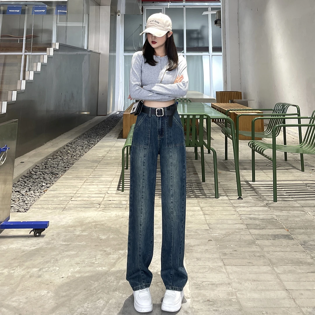春夏窄版款设计感牛仔裤女百搭复古显瘦阔腿裤高腰垂感宽松直筒裤