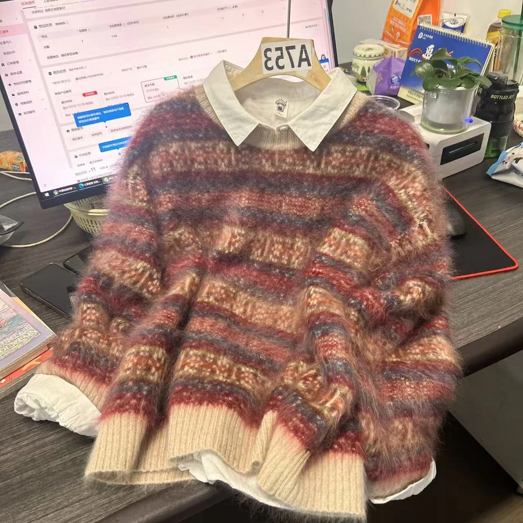 长毛费尔岛条纹套头加厚毛衣