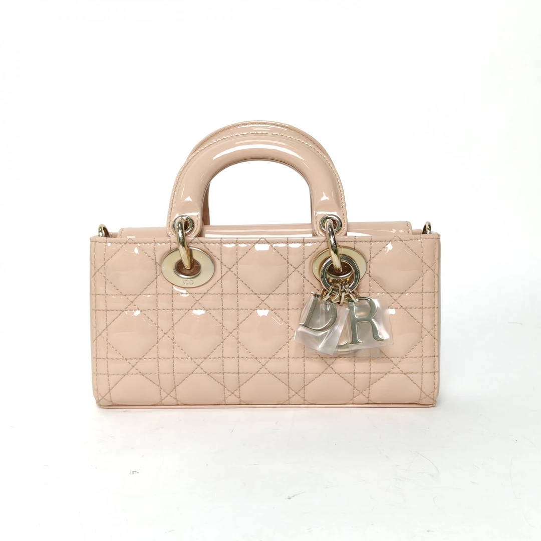 99新 DIOR/迪奥 【黑黑】横版戴妃包 小号 22 裸色 漆皮