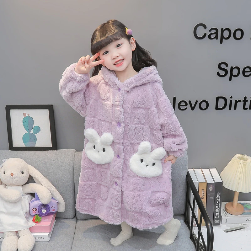 女童睡袍秋冬加厚儿童法兰绒睡衣长款连帽女孩公主宝宝法兰绒浴袍