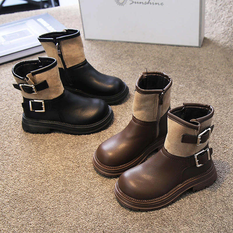 小黄鸭荣耀女童马丁靴英伦风2025秋冬新款男童加绒保暖短筒皮靴子