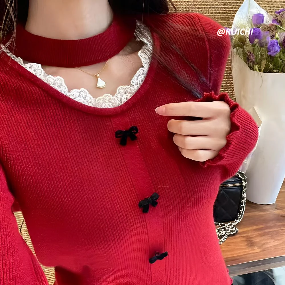 韩系氛围感2025秋冬新年红圆领挂脖蕾丝拼接长袖针织打底衫上衣