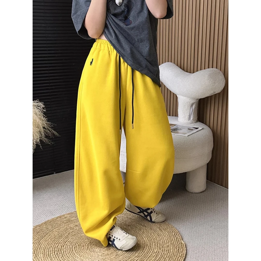 加绒加厚小马刺绣休闲裤女秋冬季2024新款高腰宽松显瘦百搭阔腿裤