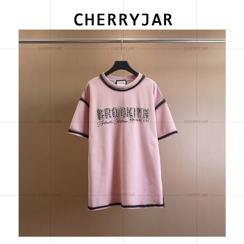 Cherryjar【8016】夏季时尚字母镶钻短袖黑色喷印休闲拼接撞色