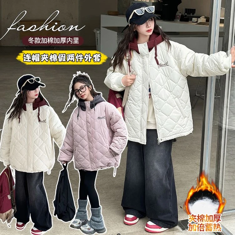 冬季新款女童连帽棉服宽松保暖儿童时尚外套中大童zb3880简约童品