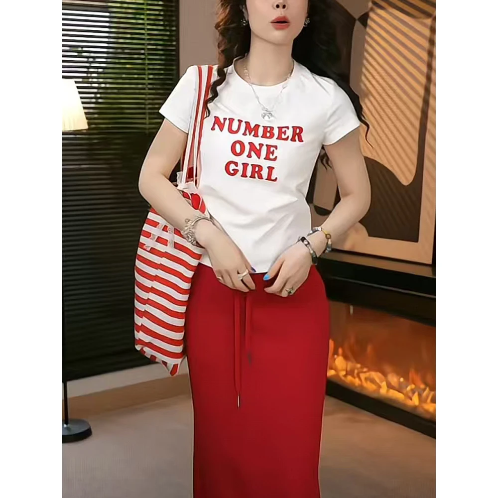 韩系chic圆领正肩短袖T恤女2025夏季爆款字母印花修身显瘦上衣潮