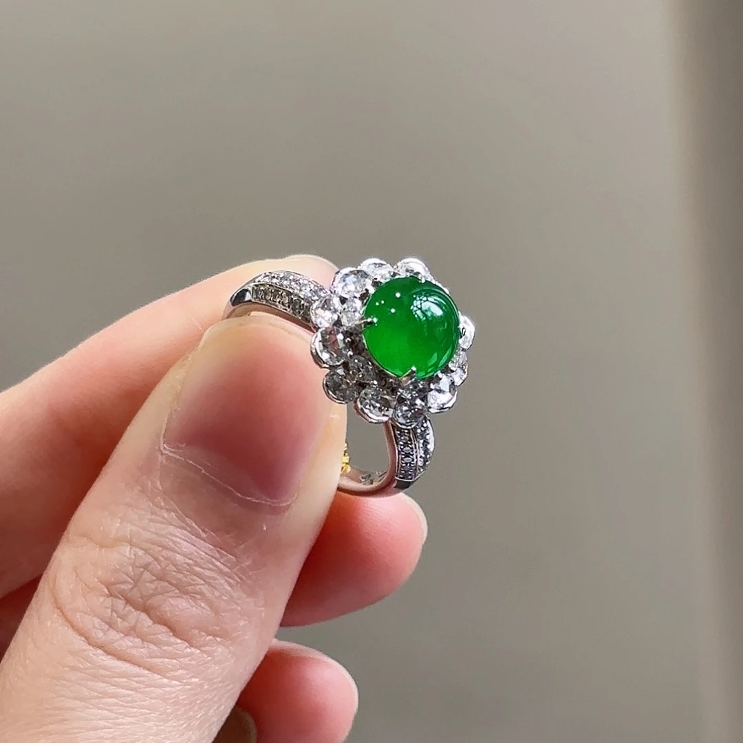 翡翠18K金镶嵌戒指14圈翡翠戒指多人不退不换