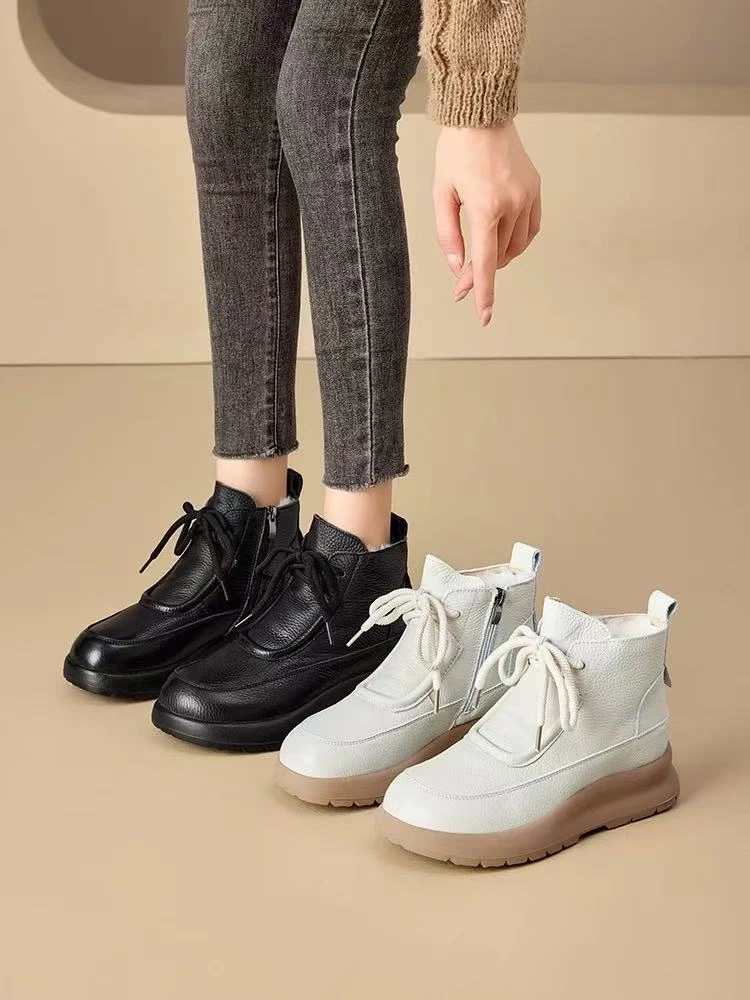 2025新款冬季头层牛皮加绒保暖羊毛棉鞋女平底防滑短筒雪地靴女鞋