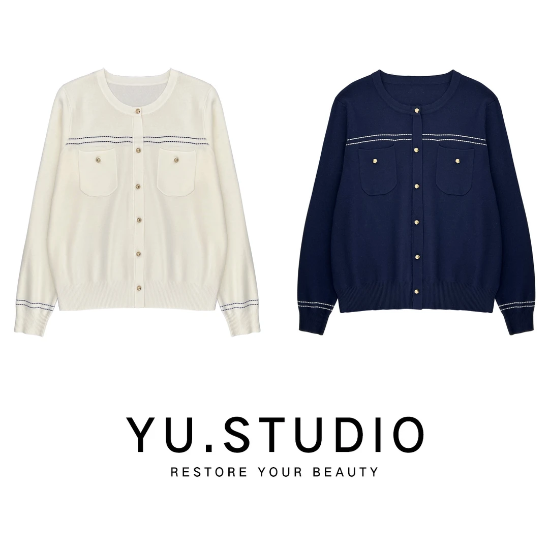 方和屿.长袖毛针织衫金属扣刺绣开衫设计师时尚圆领设计感8236