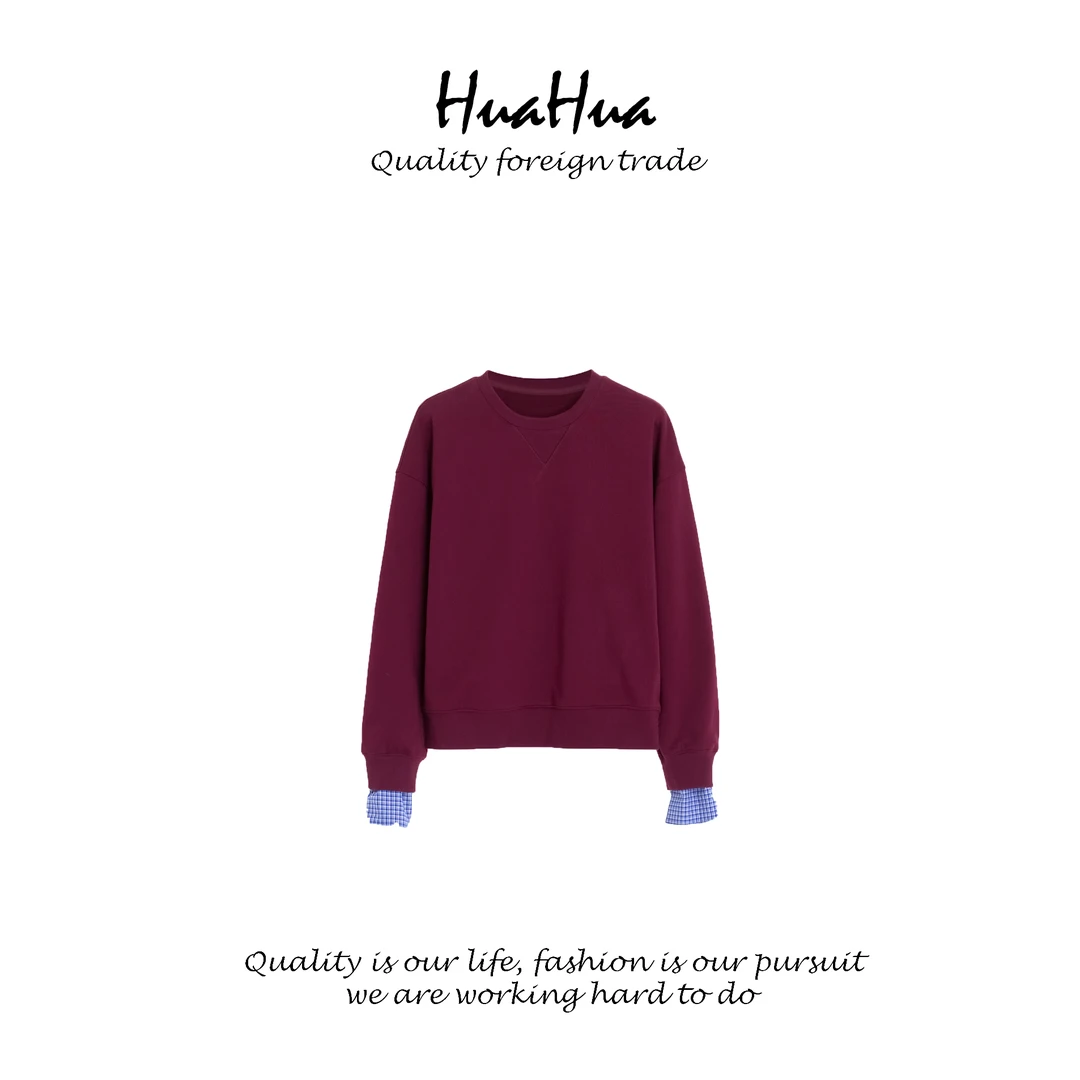 HUAHUA 【谬】撞格子毛圈卫衣圆领长袖高克重假两件落肩 CL727