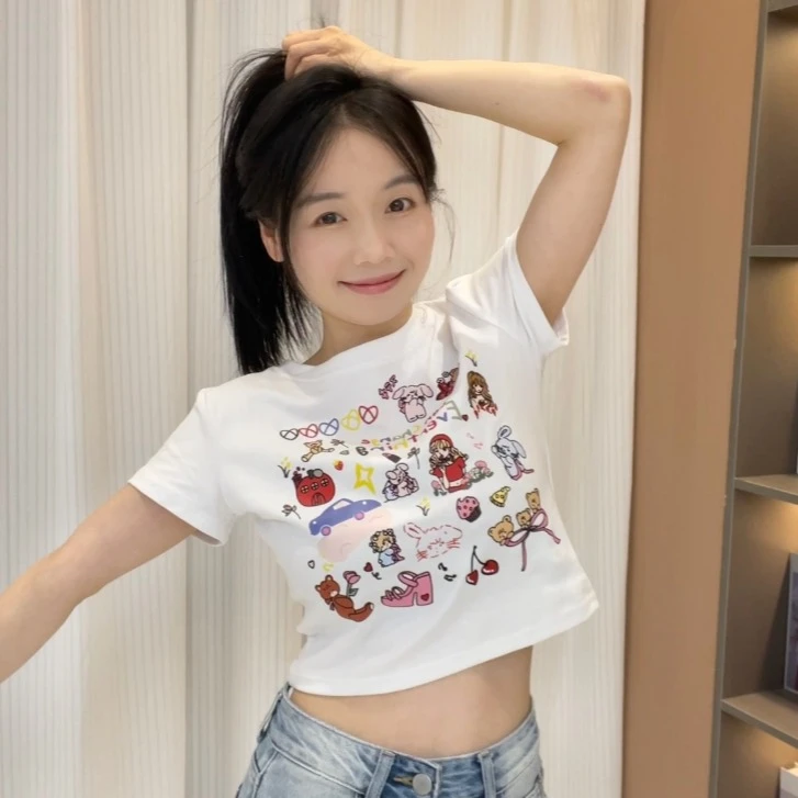 K N J小个子定制涂鸦印花白色短袖正肩T恤夏季短款辣妹上衣
