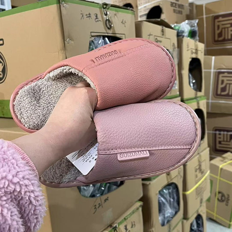 冬季皮面棉拖鞋T665女防水防滑成人居家用保暖室内冬天PU皮拖鞋