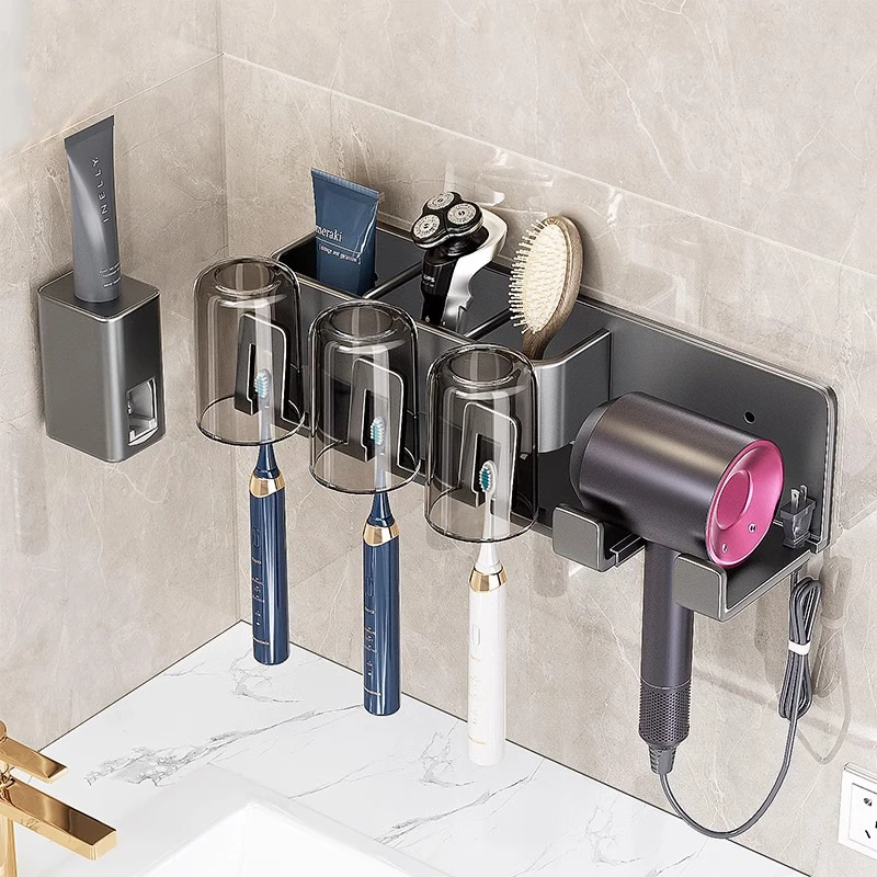 电动牙刷置物架吹风机支架卫生间枪灰壁挂式漱口杯牙具架子