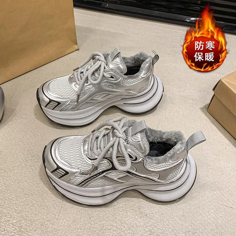 范哲萨丝绒银色爹地女鞋2025秋冬新款厚底增加多功能舒适温暖的运