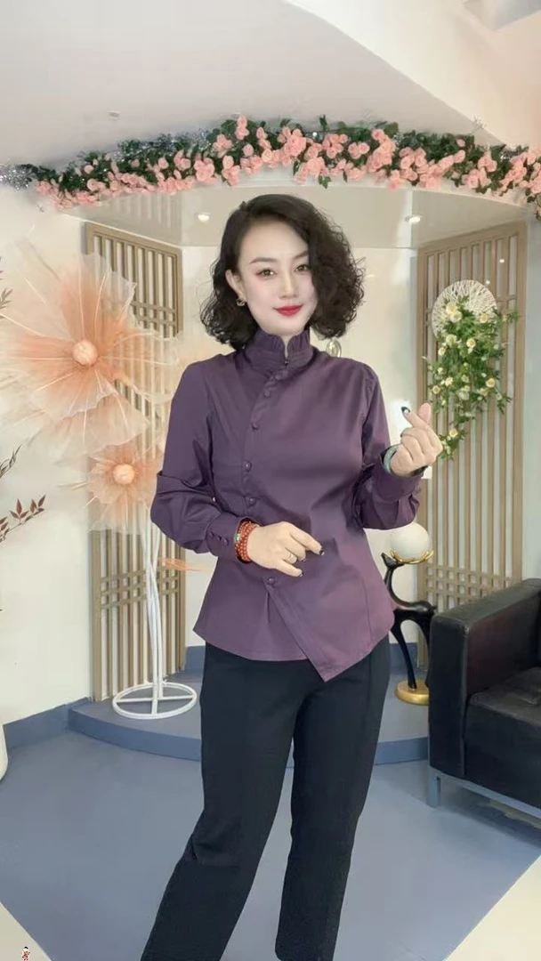 时尚百搭设计感修身显瘦不对称盘扣气质纯色木耳边长袖衬衫Z1507