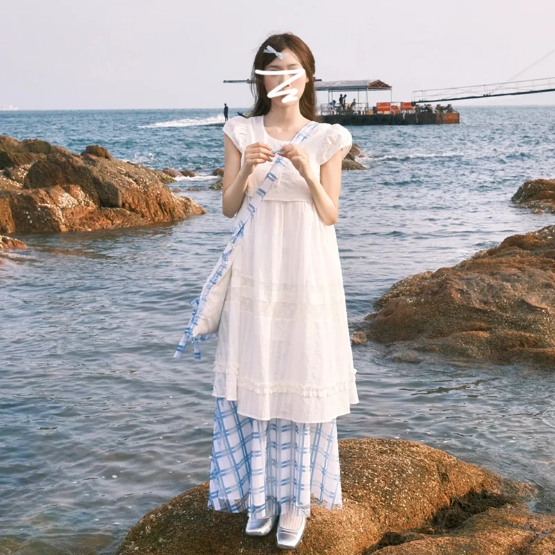 4276海边度假沙滩白色连衣裙子女两件套夏季新款法式气质叠穿长裙