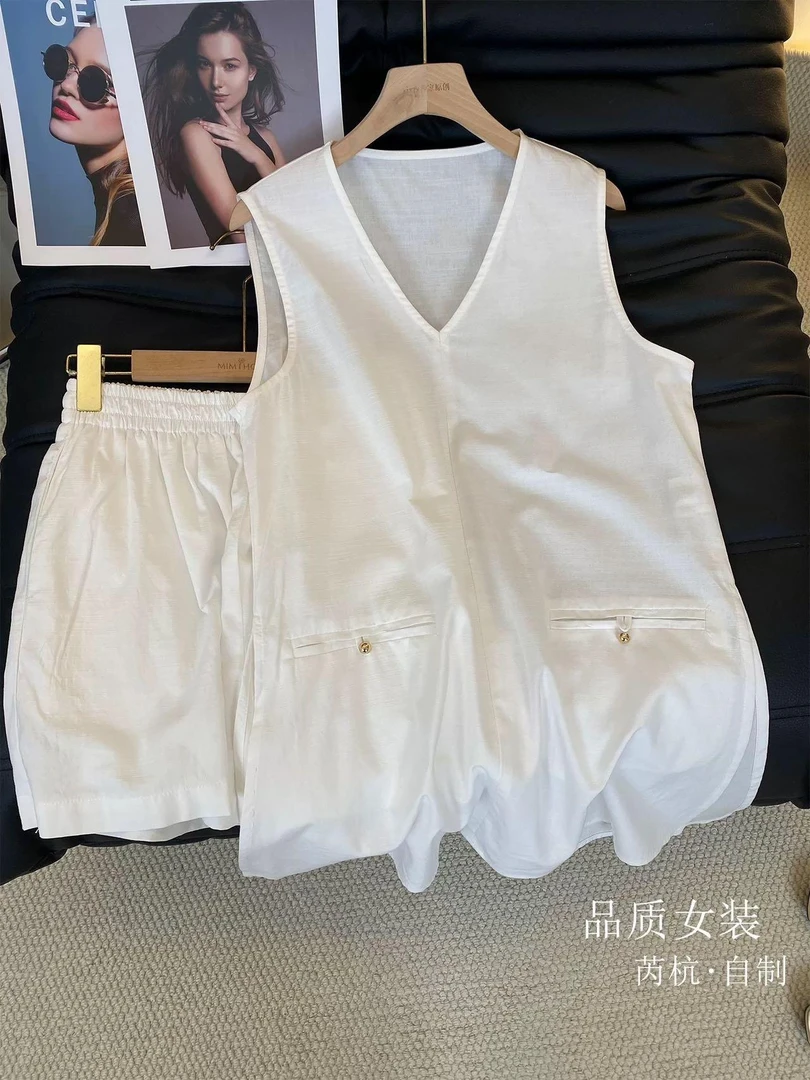 老钱风休闲减龄背心上衣棉麻短裤时尚套装7126