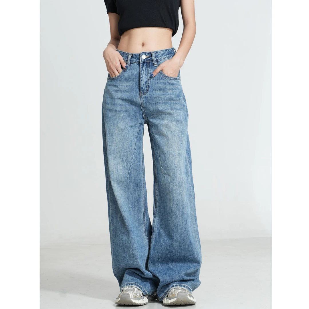 【TO&HR.GIRL】TFC1022Y-蓝高腰宽松阔腿牛仔裤夏时尚直筒拖地裤女