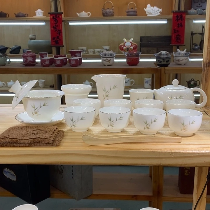竹报平安羊脂玉茶具大套装