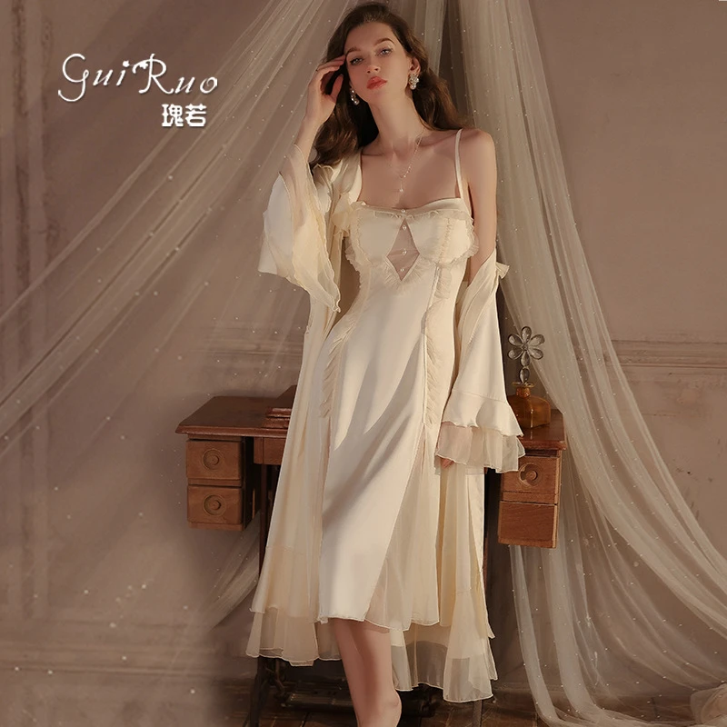 加胸垫瑰若睡裙内衣外袍品牌纯吊带开襟欲甜美家居套装系带Z4554