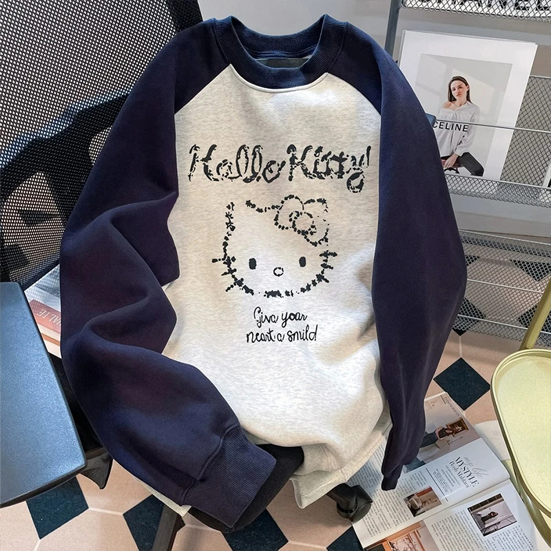 可爱哈喽Kitty猫撞色插肩卫衣秋冬美式200斤胖mm大码宽松显瘦上衣