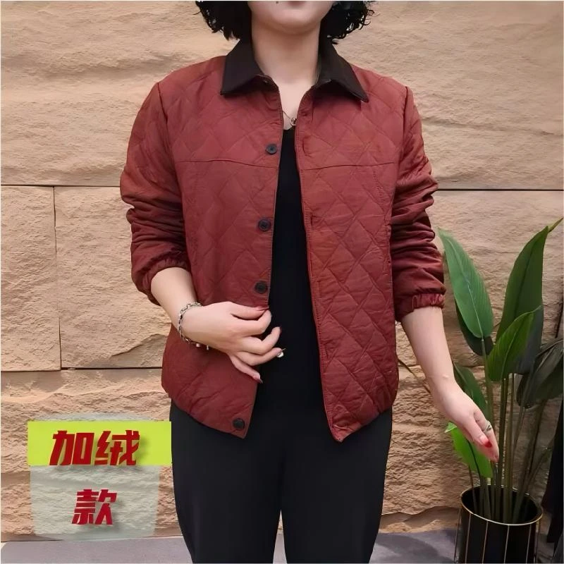 新款秋冬外套宽松型网红显瘦加绒翻领常规妈妈装时尚休闲保暖冬季