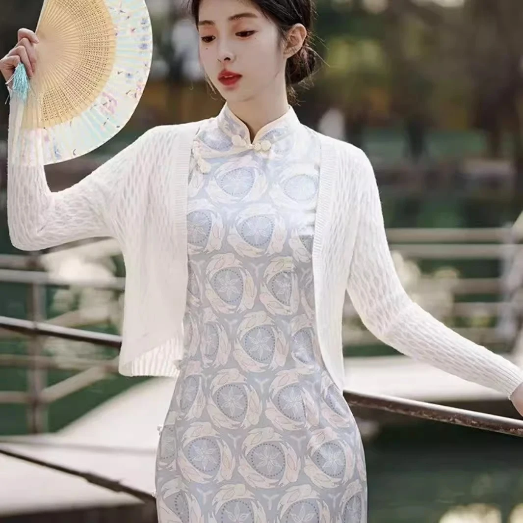 小坎肩搭配旗袍女百搭复古开衫春秋外搭针织长袖空调衫短款小披肩