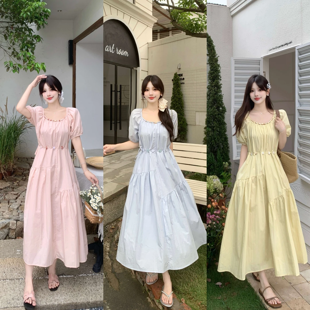 大码泡泡短袖收腰连衣裙女2025夏新款减龄中长A字裙