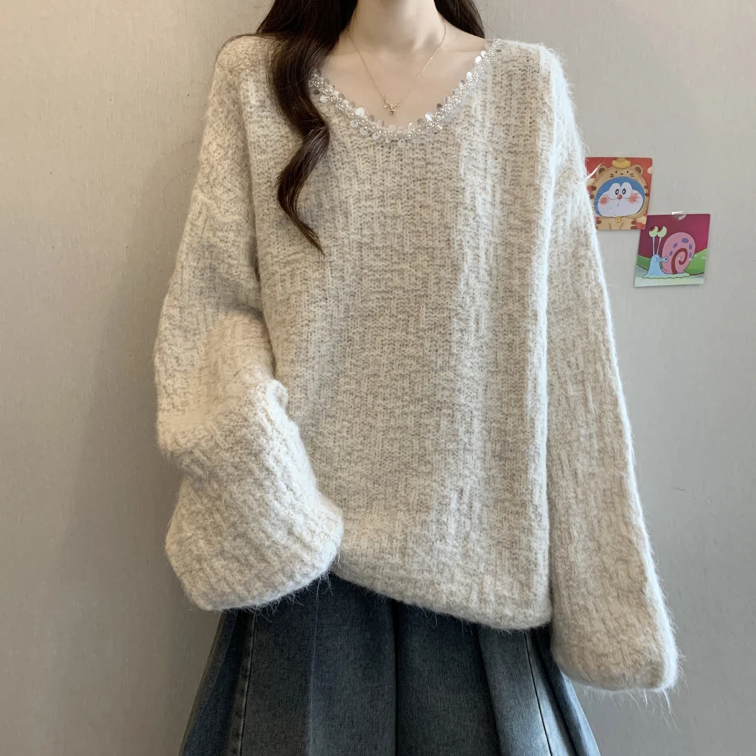 亮片V领针织打底衫毛衣女秋冬大码胖mm显瘦宽松遮肚子慵懒风上衣