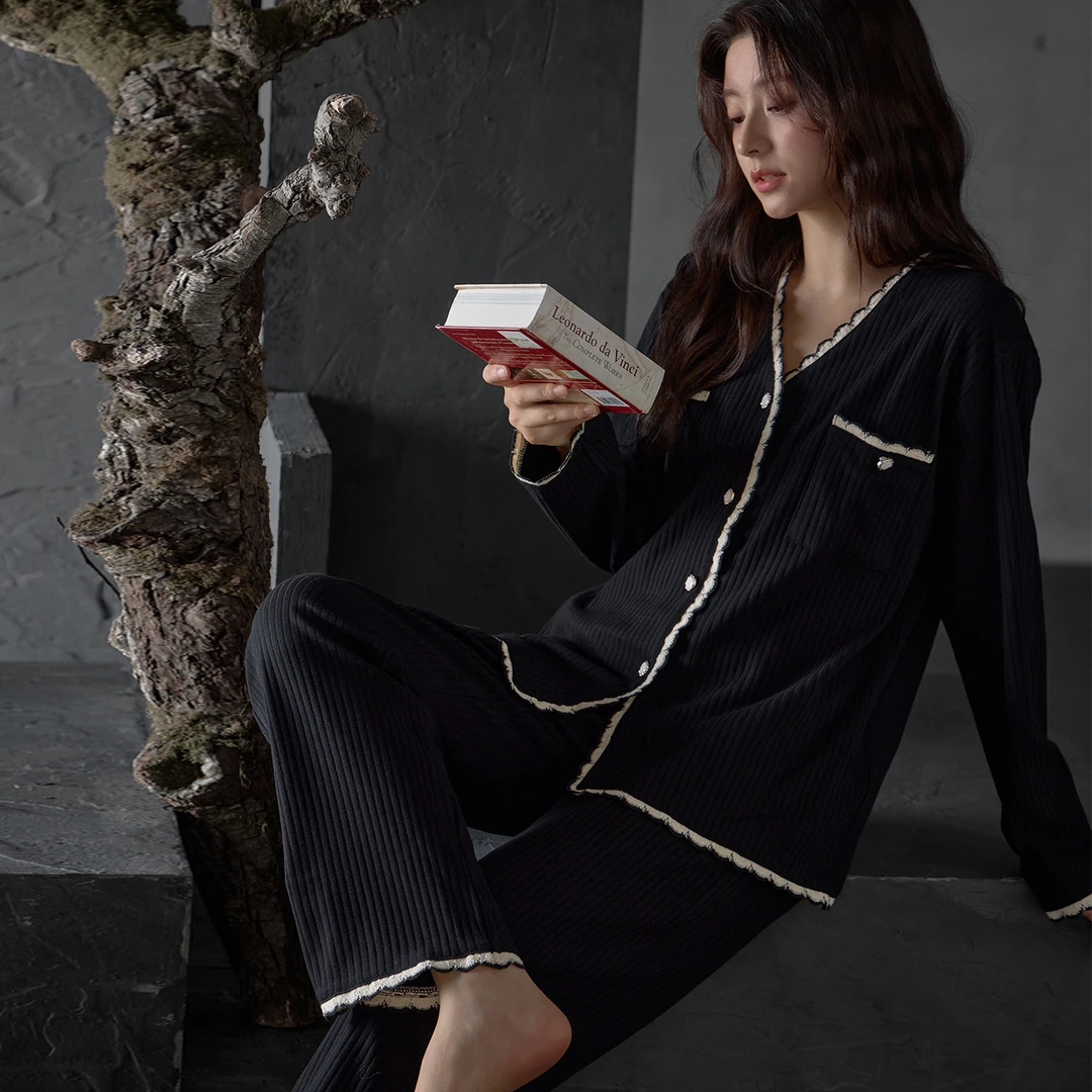 黑色高级感纯棉睡衣女春秋季开衫长袖V领小香风女家居服坑条套装