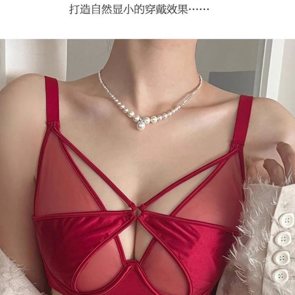 性感法式美胸内衣女薄款大胸显小上托聚拢防下垂软钢圈红色文胸罩