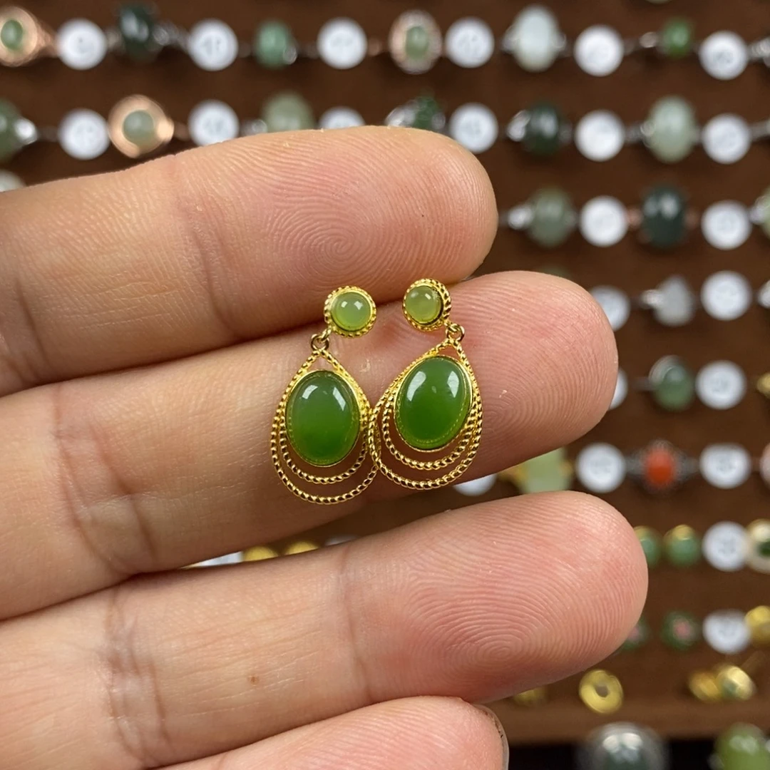 和田玉（碧玉）耳饰银S925镀金镶嵌