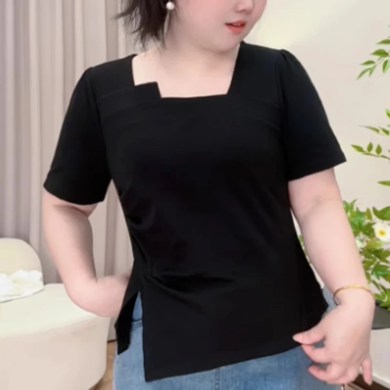 收腰遮肚子减龄纯色上衣2025新款胖MM大码女装不规则正肩短袖T恤
