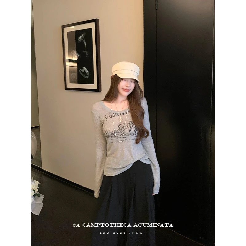 LUU桃喜儿/长袖印花针织T恤女夏莱赛尔薄款防晒衫设计感小众上衣