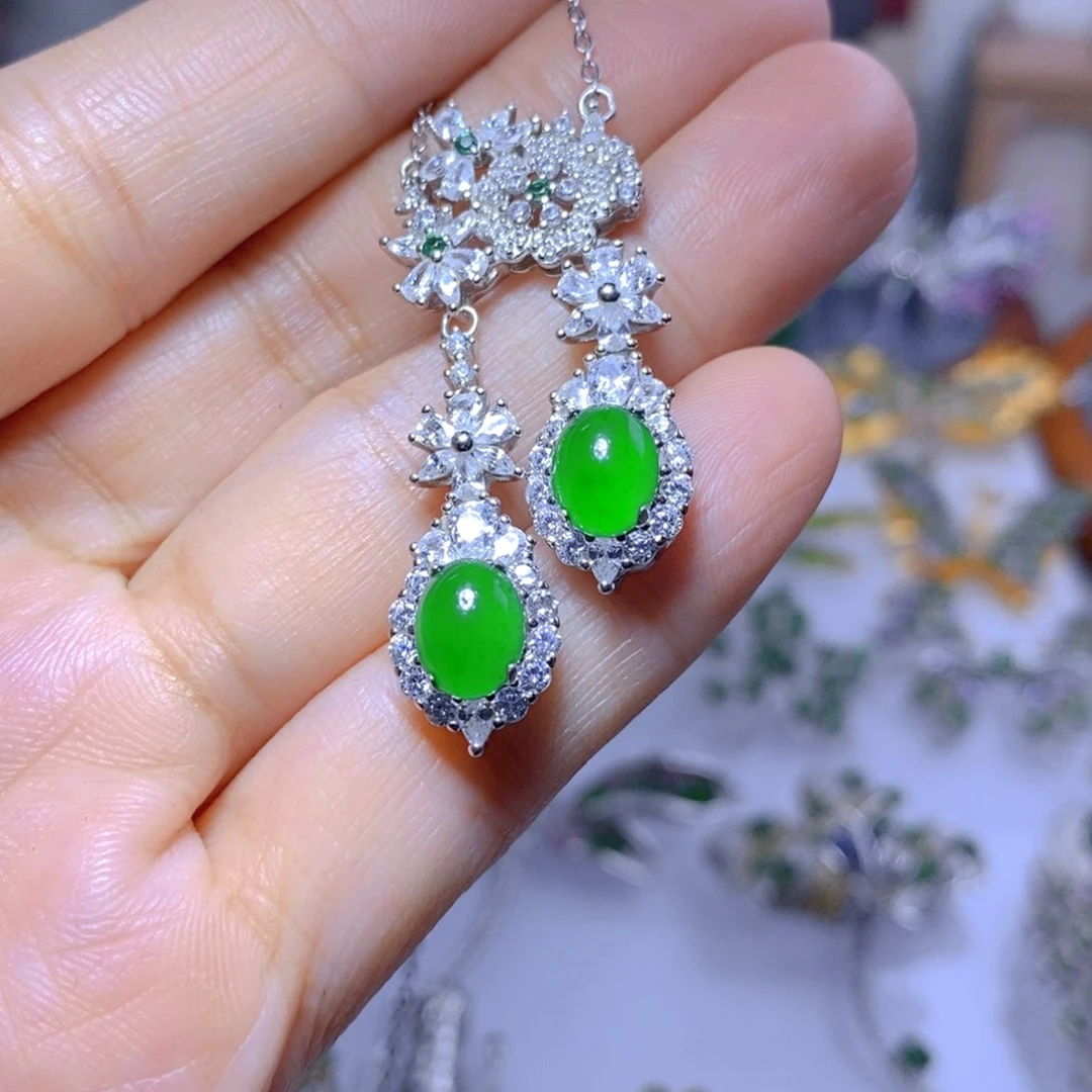 翡翠耳钉银S925镶嵌天然翡翠