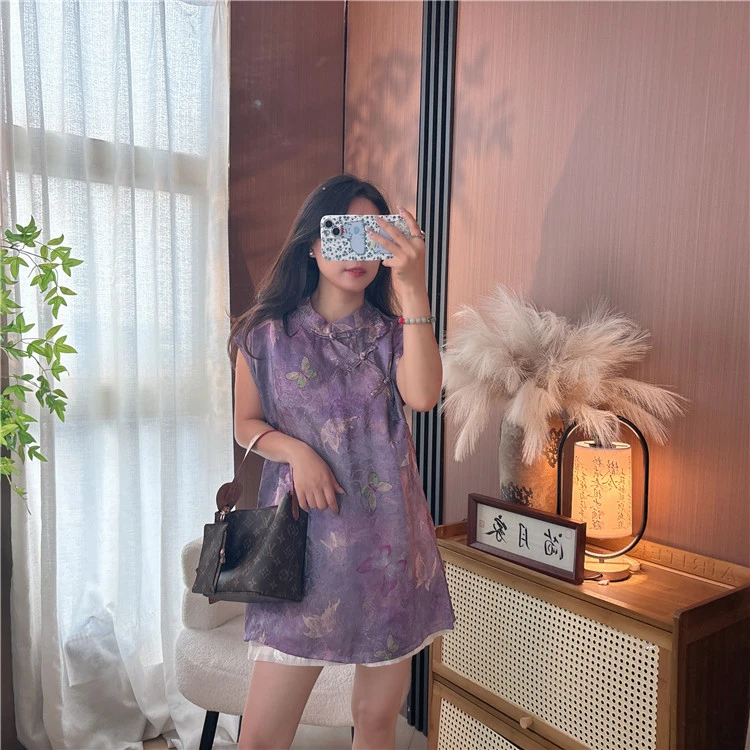 【紫蝶】满分丝新中式女装香云纱浅蓝奥黛休闲风