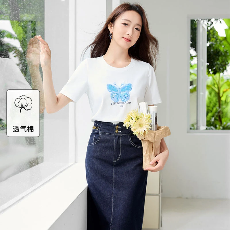 X843152T恤香影t恤短袖亮片蝴蝶刺绣正肩