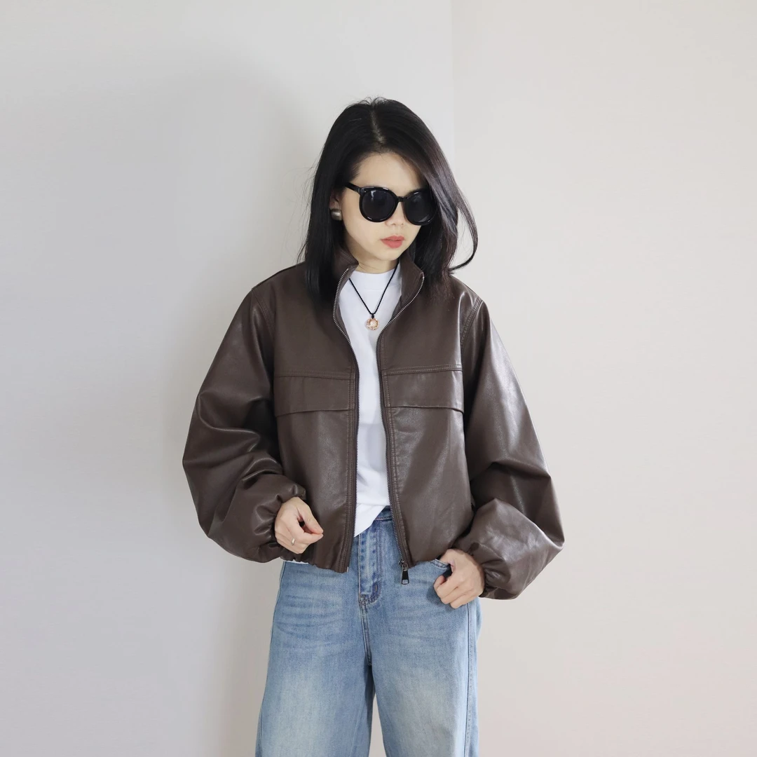2025春季新款女士短款皮衣时尚休闲百搭宽松韩版立领纯色外套皮衣