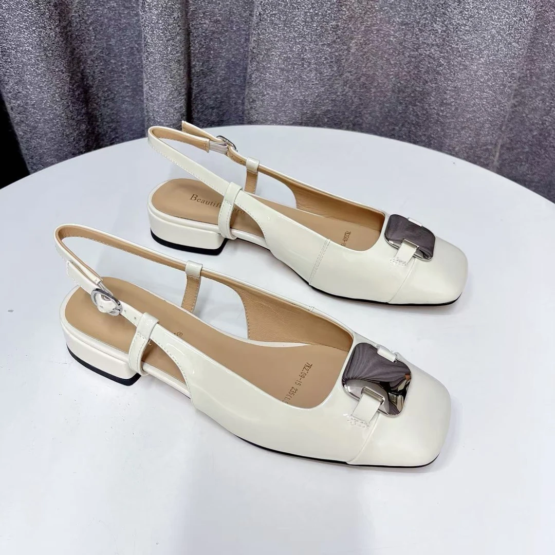 C6019   米白色 夏季时尚方头2025新款气质粗跟四季凉鞋